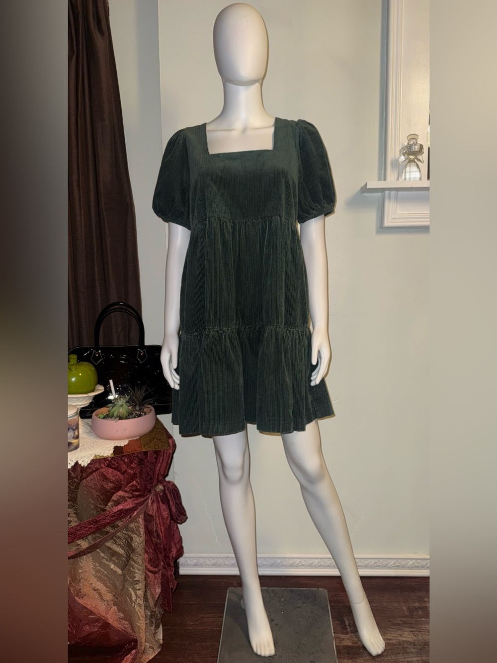 Madewell Forest Green Corduroy Square-Neck Tiered Mini Dress